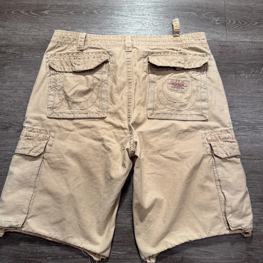 True Religion Cargo Shorts Mens 34 Cotton Big T Stitch Khaki Relaxed Y2K 36x12